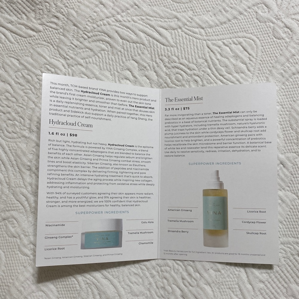 Yina Hydracloud cream and essential mist from beauty heros April box